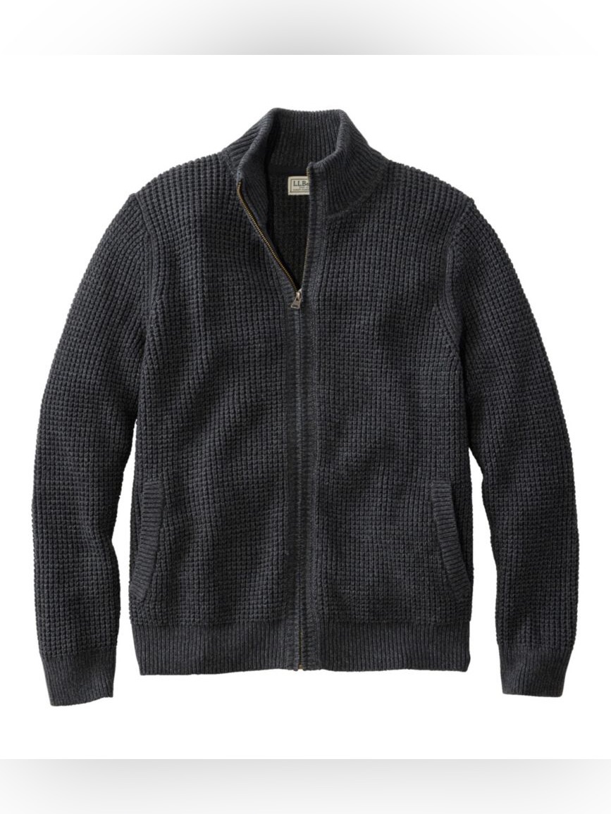 L.L. Bean Organic Cotton Waffle Knit Full Zip Sweater Small Gray Black Heavy
